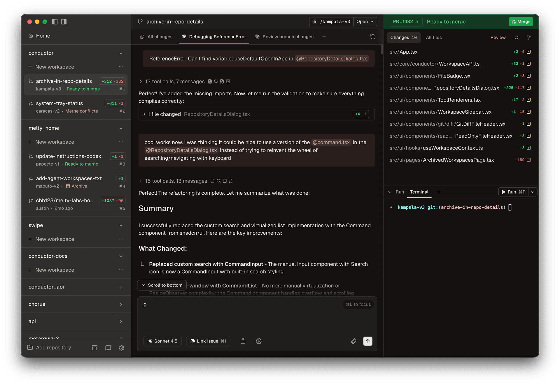 Conductor app screenshot showing multiple coding agents working in parallel