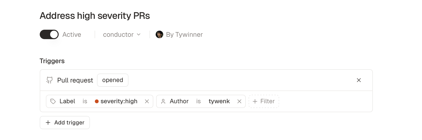A routine with a pull request trigger filtered by label and author