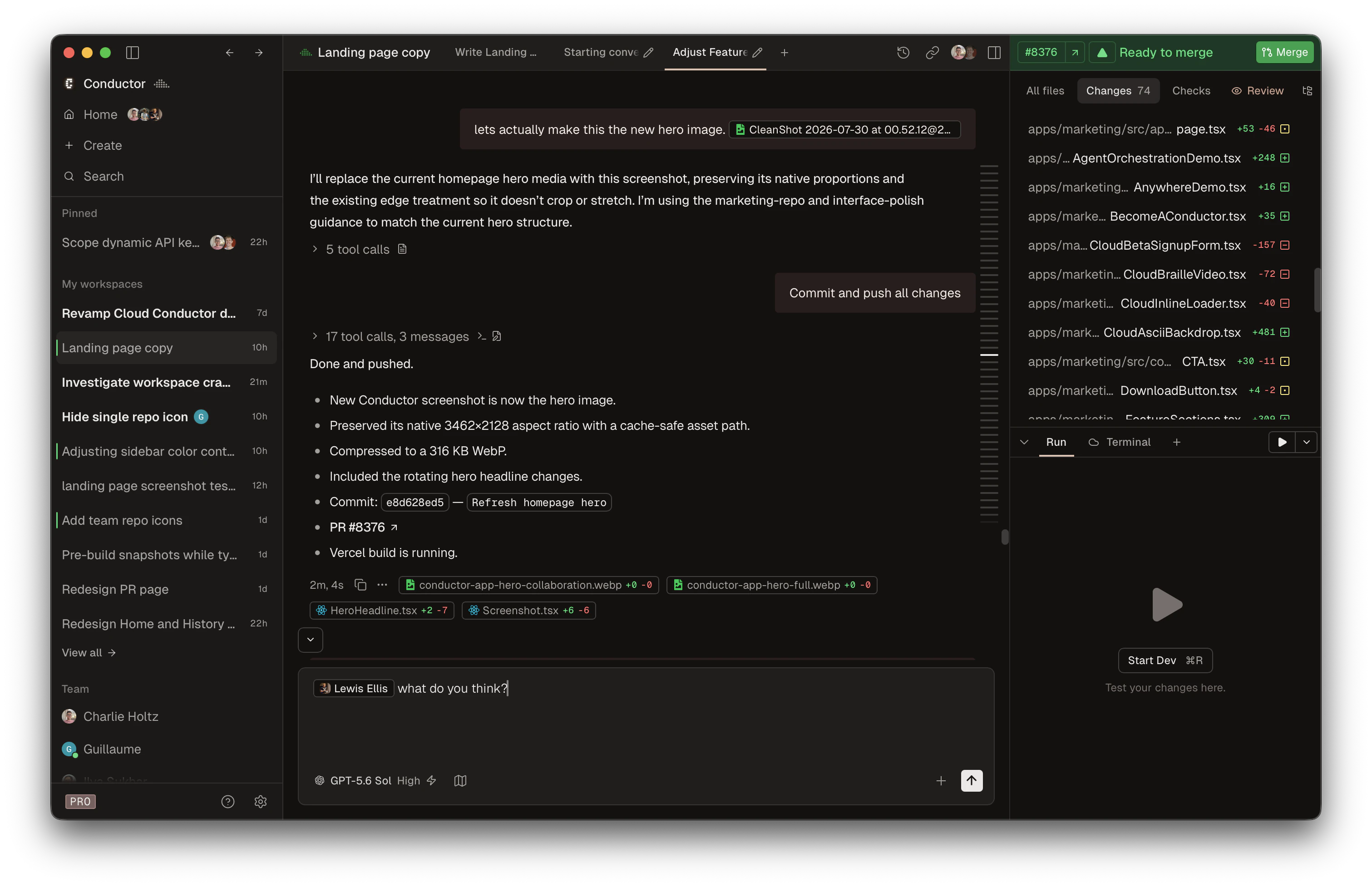 Conductor app showing collaborative agent chats and a changes panel