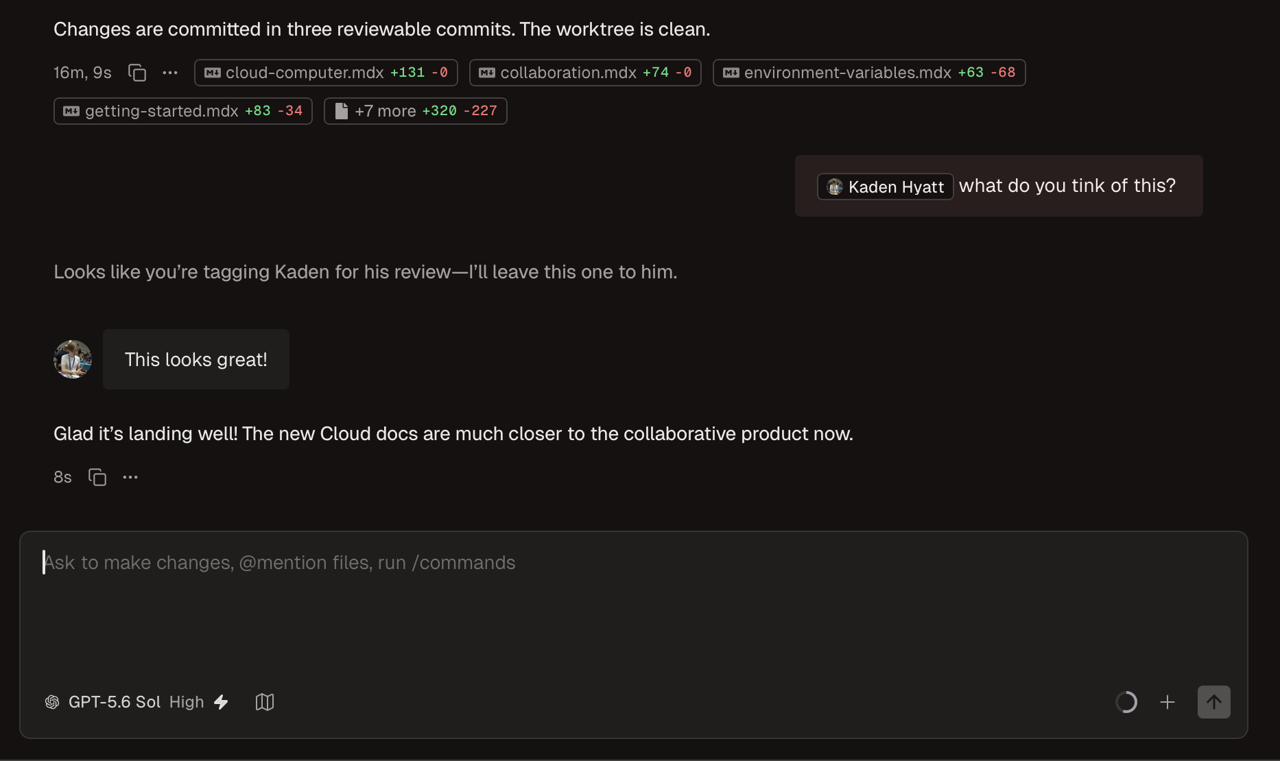 A shared Conductor Cloud conversation where one teammate mentions another and both participate in the workspace