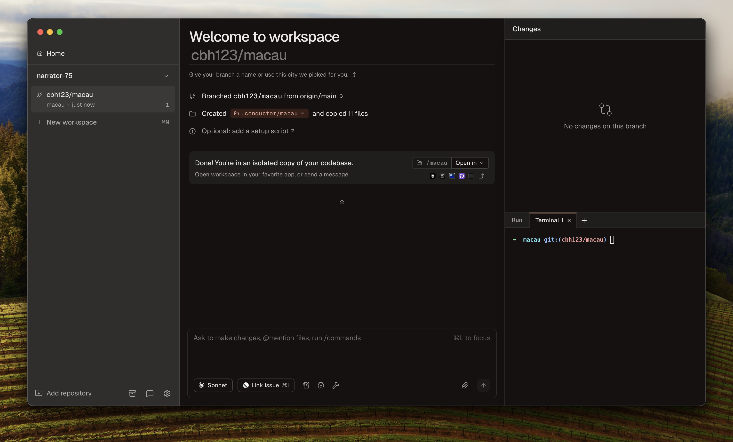 Conductor workspace screen showing the project sidebar, workspace chat, and setup checklist